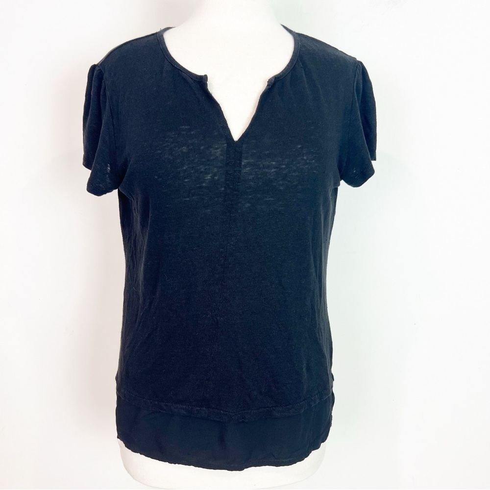 SANCTUARY BLACK SPLIT NECK CAP SLEEVE CONTRAST HEM T-SHIRT WOMENS SZ LARGE